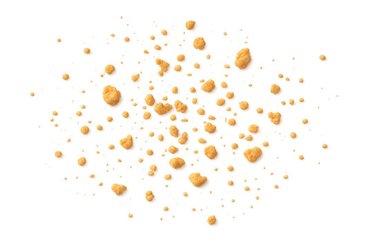 Cookie crumbs flying and falling, scattered biscuit pieces for baking, confectionery, and snack advertising with transparent background