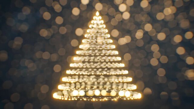 Glowing Christmas tree formed by golden bokeh lights on a blurred background. Elegant holiday animation for seasonal greetings