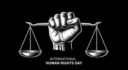 Human Rights Day, International Human Rights Day, Human rights awareness, Human rights background, Justice symbol on international human rights day. Hand holding scales with human rights day text.