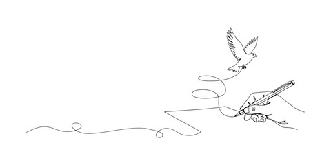 Continuous one line of a pen writing on paper symbolizing freedom of expression, human rights theme, draw vector illustration.