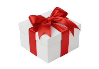 White gift box with red ribbon isolated on transparent background