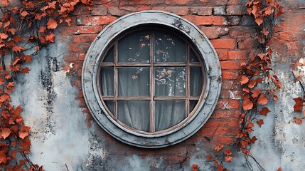 Vintage round window on weathered brick wall with ivy