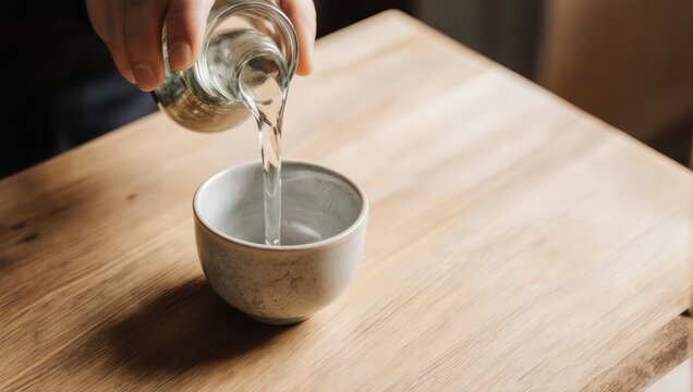 Pouring Clear Liquid into a Ceramic Cup on Wooden Table.