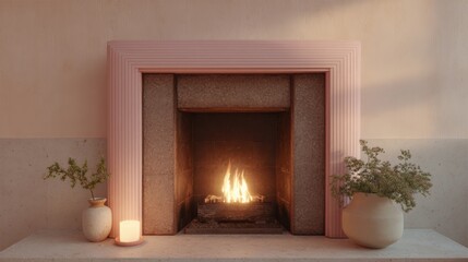 Fireplace with a pink mantel. the mantel is made of stone and has a rectangular shape with a curved top. the fireplace has a fire burning in the center, with orange and yellow flames visible.
