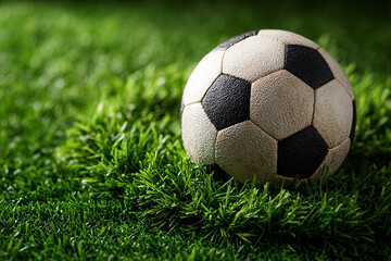 Fototapeta premium Soccer Ball Closeup on Lush Green Grass Field Sport Equipment Detail