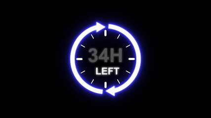 24 hours clock with circle arrow and the numbers 34 Hour left. video animation on alpha channel background, Clock timer, time passage waiting time animation (4K). 34 Hour Countdown timer. Clock icon.