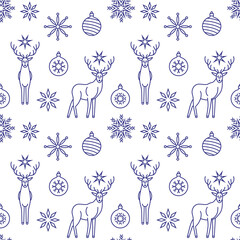 Christmas deer. Monochrome pattern of snowflakes, deer, and Christmas balls..
