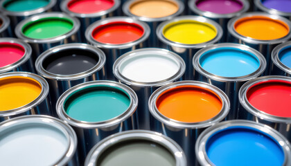 Fototapeta premium Open paint cans with colorful paint in creative arrangement for artistic inspiration