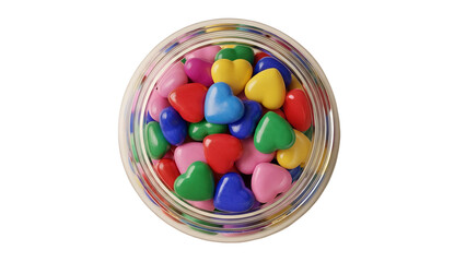 Colorful heart-shaped candies in a glass jar representing Valentine's Day