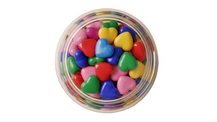 Colorful heart-shaped candies in a glass jar representing Valentine's Day  
