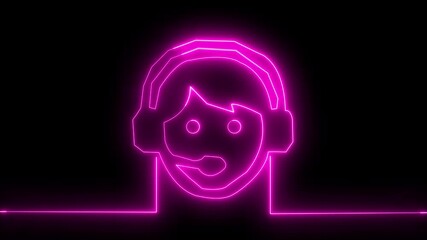 Neon blue glowing customer support representative with headset and chat icon, digital communication symbol on a black background.HD Video Motion Graphic Animation