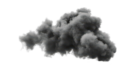 A dense. swirling cloud of black smoke billowing against a white background. creating a dramatic visual effect. suitable for use in design projects. presentations. or environmental themes