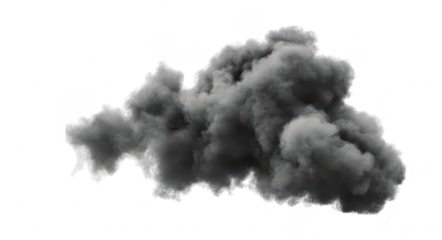 A dense. swirling cloud of black smoke billowing against a white background. creating a dramatic visual effect. suitable for use in design projects. presentations. or environmental themes