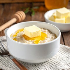 Close-up of oatmeal in a white bowl, butter, and honey on wood