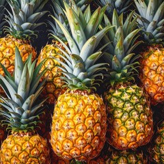 Obraz premium Close-up view of many pineapples. Fresh, ripe pineapples, bright yellow and gold, with vibrant green leaves. Textured skins