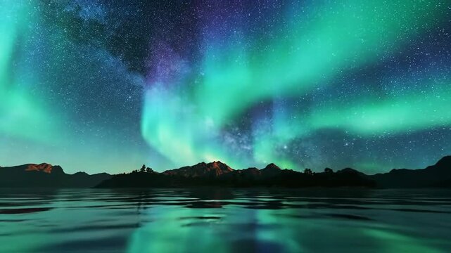 Vibrant green and purple aurora borealis dancing in the starry night sky over a calm lake and distant mountains.