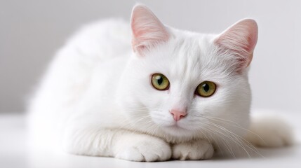Elegant white cat with captivating eyes, resting with a relaxed posture Cloud Dancer color