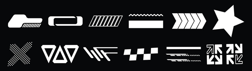 Collection of White Geometric Shapes and Symbols on Black Background