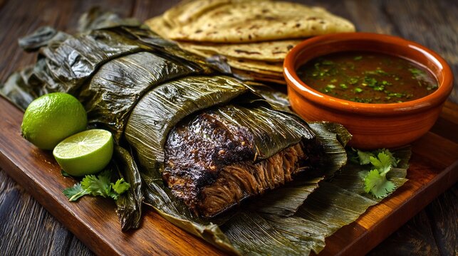 Mexican barbacoa de borrego wrapped maguey leaves and slow cooked served with consomm tortillas and lime
