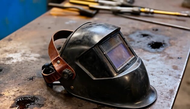 A weathered welding helmet rests on a worn workbench in a workshop, blacksmithing gear, metalworking tools.