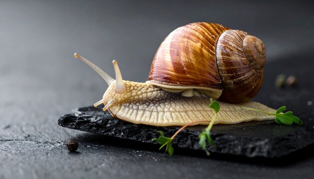 Close-up of a snail with a spiral shell on a textured black surface - Powered by Adobe