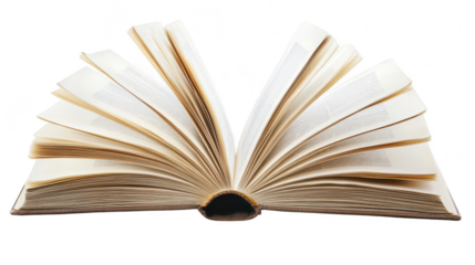 An open book with pages fanned out. its textured paper and aged appearance. set against a clean white background. ideal for educational or literary themed projects