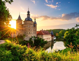 A majestic medieval fortress sits amidst a lush landscape, reflecting in the serene water under a vibrant sunset