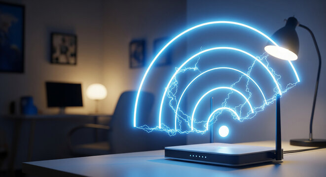 Wireless Connectivity at Home: A sleek modem sits atop a desk, emitting glowing signals that visualize seamless home wireless connection in a cozy, illuminated setting.