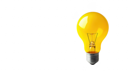 A bright yellow light bulb stands alone against a clean white background. symbolizing creativity and innovation. ideal for concepts related to ideas. energy. and inspiration