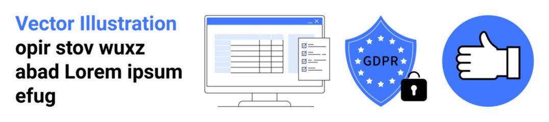 Data protection, privacy compliance, cybersecurity, online safety, secure authentication, and regulation adherence. Visual of a computer, shield with lock and GDPR text and a thumbs-up icon. Data