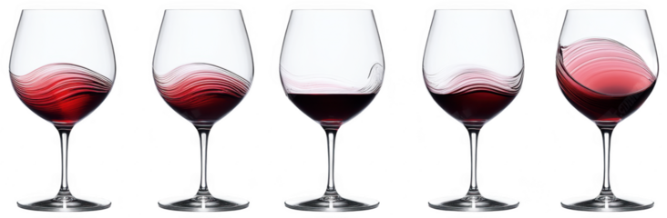 A captivating series of wine glasses the elegant movement of red wine. highlighting the swirling patterns and reflections. set against a clean white background perfect for culinary or beverage-related