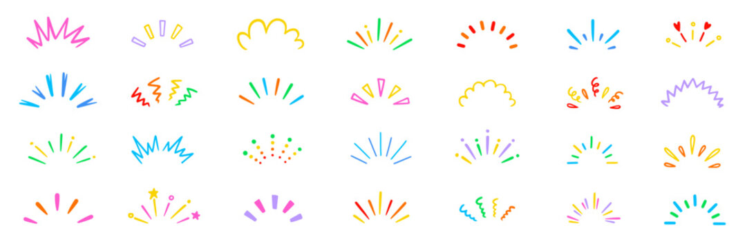 Line surprise shine ray color icon set. Hand drawn doodle color sparkle shine, surprise, sunburst frame with pop confetti ornament element collection. Comic headline decoration light ray. Vector