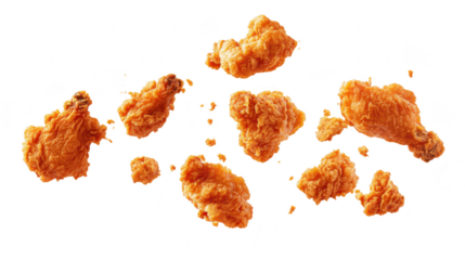 A dynamic arrangement of crispy. golden-brown fried chicken pieces floating against a clean white background. the texture and appeal of the food for culinary promotion