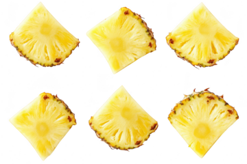 A arrangement of fresh pineapple slices displayed in a geometric pattern. their juicy texture and bright yellow color against a clean white background. ideal for culinary or health-related use