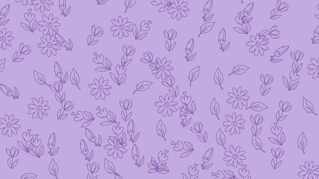 Light purple lavender tulip daisy animated seamless loop pattern line art background. Suitable for spring themed designs, greeting cards, wedding invitations, and floral presentations & social media.