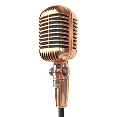 Fototapeta premium A vintage-style microphone with a polished copper finish stands prominently against a white backdrop. symbolizing music and performance. ideal for use in promotional materials or music-related content