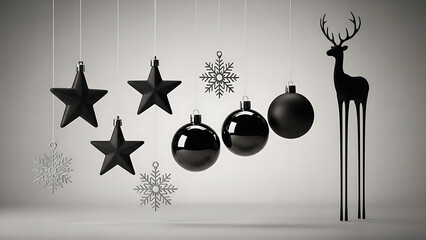 Monochrome christmas ornaments with stars snowflakes and a stylized reindeer decoration hanging