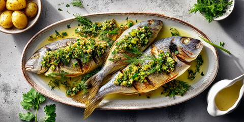 Grilled Whole Fish Dinner with Herb Sauce and New Potatoes