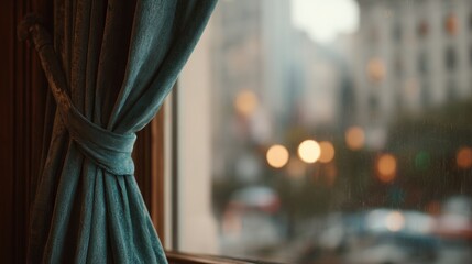 Obraz premium Close-up of a window with a dark green curtain tied in a knot.