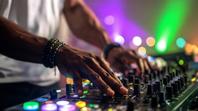 A Skilled DJ Mixing Music on Console with Hands on Controller in Colorful Illuminated Stage