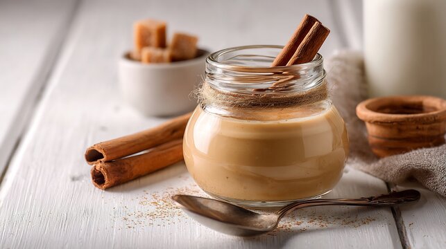 Mexican cajeta caramel dessert served a glass jar with cinnamon sticks and a spoon next to milk and sugar cane on a white background
