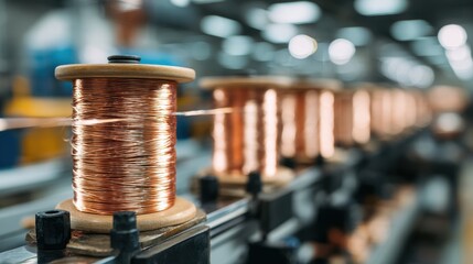Close up view of copper wire spools on a production line showcasing precision manufacturing workflow in a modern facility