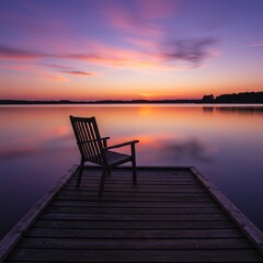Naklejka premium Lake sunset with wooden dock and chair