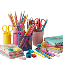 Colorful school supplies stationery arrangement for back to school concept design