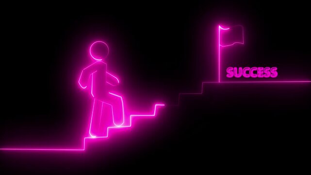 Glowing neon line of man conquering mountain peak icon isolated on transparent background Business concept of victory, success, goal achiever Success icon 4k animation with neon shine on black backgro