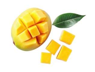Freshly cut mango yellow cubes arranged aesthetically beside the whole fruit. set against a clean white background. ideal for food photography and culinary use