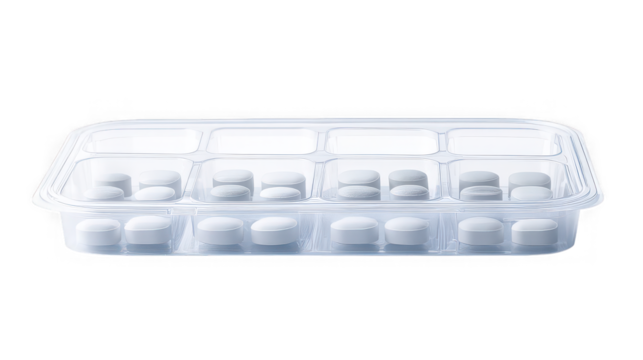 White pills arranged neatly in a clear plastic container with individual compartments on a black background