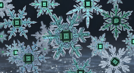 Digital snowflakes with glowing circuits create a modern, technological winter season holiday feel