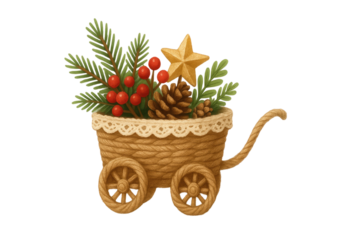 Decorative rope wrapped wagon filled with festive pine branches red berries pinecones and golden star creating rustic holiday accent isolated on white background
