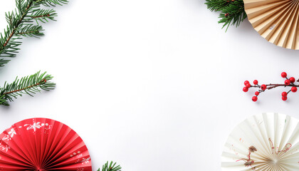 白背景に松の枝と赤白の扇飾りの和風デザイン背景　generative ai